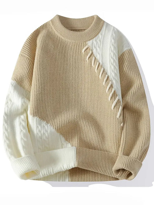 CrownPrints Two-Tone Patchwork Knit Sweater – Beige & Ivory