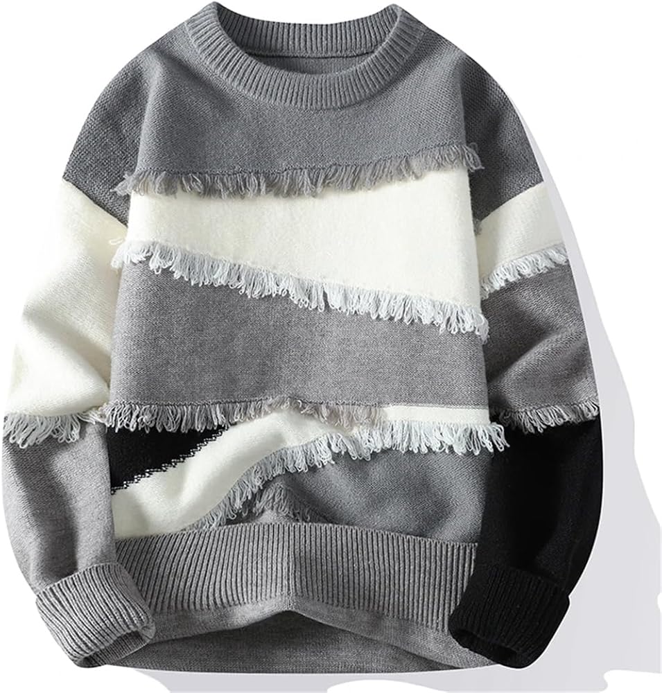 CrownPrints Fringe-Stripe Knit Sweater – Modern Grey & Cream Textured Style