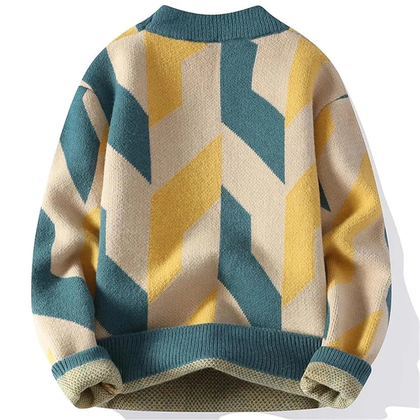 CrownPrints “Geo Retro” Knit Sweater – Teal & Mustard