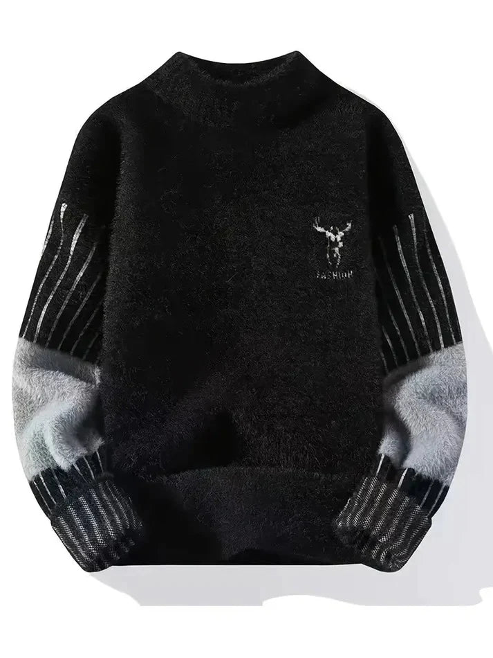 CrownPrints Classic Black Knit Sweater – Premium Fuzzy Warmth with Minimal Deer Design
