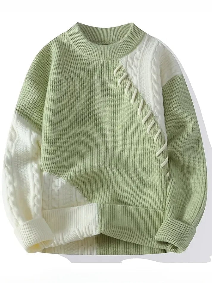 CrownPrints Pastel Patch Knit Sweater – Soft Green & Cream Comfort