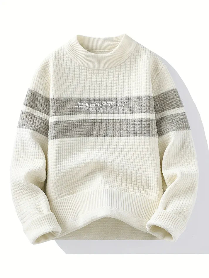 CrownPrints Waffle Knit Sweater – Elegant Cream & Grey Minimal Classic