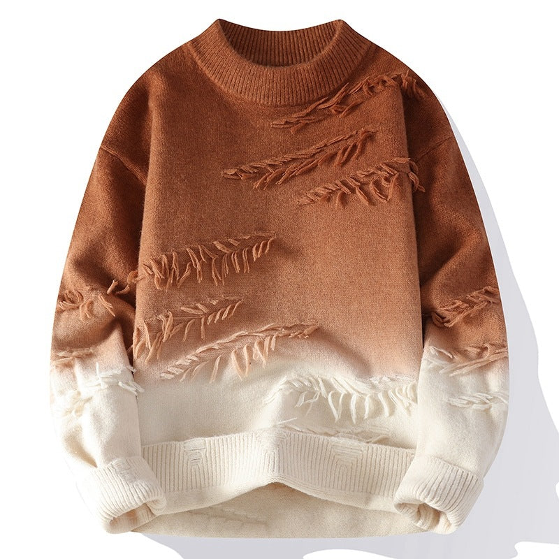 CrownPrints Ombre Leaf Knit Sweater – Warm Brown & Cream Gradient Design